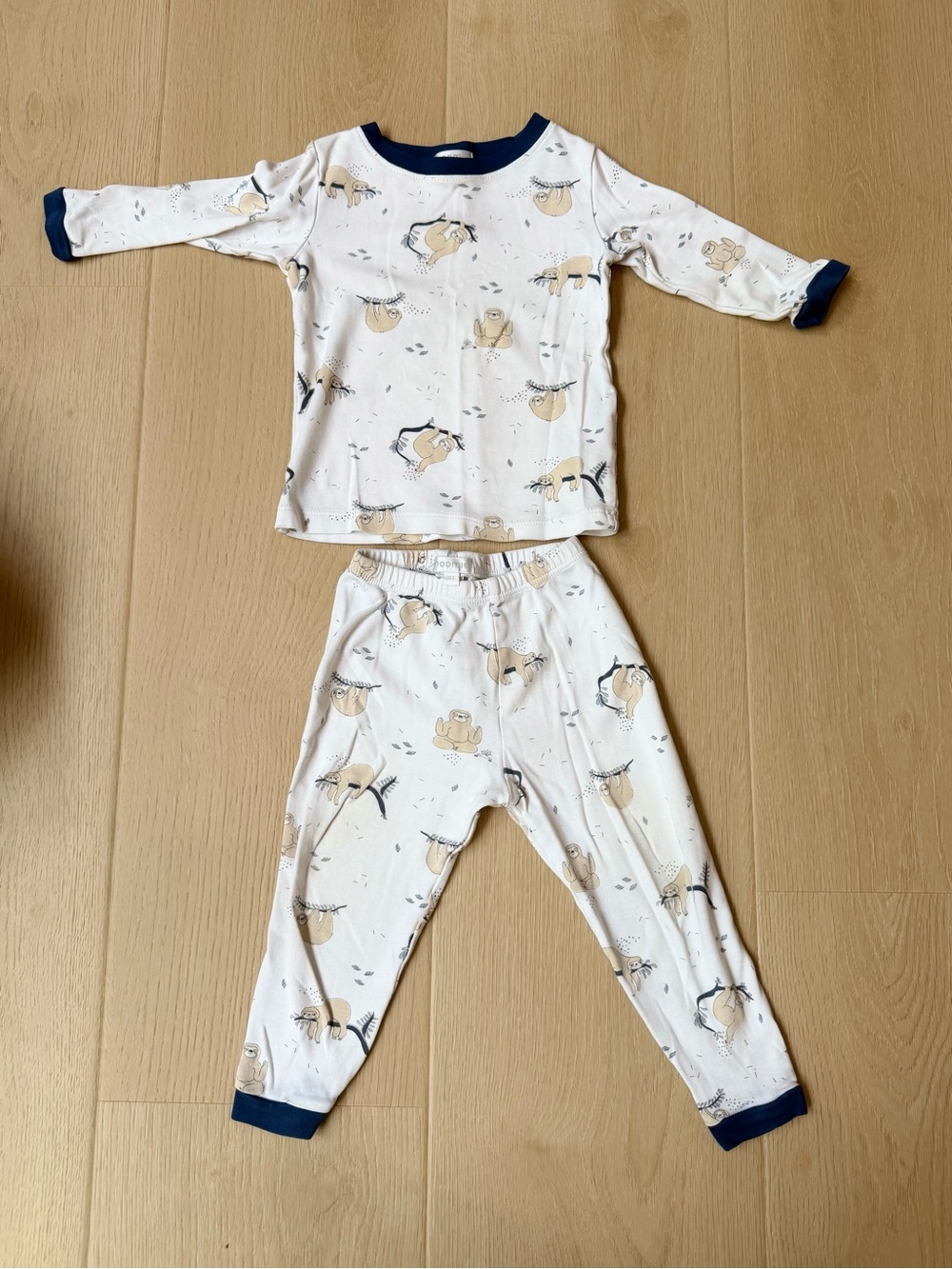100% Pima Cotton Noomie White Sloth Print Kids Pajama Set with Navy Trim
